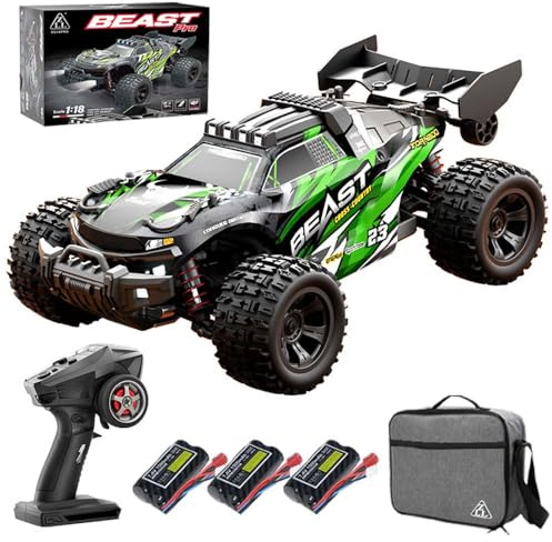 X-Verse SG118PRO 1:18 Ferngesteuertes Auto, 35KM/H Kohlebürste Motor RC Hohe Geschwindigkeit Wasserdichtes Offroad Rennauto, 2.4Ghz 4WD All Terrain Offroad Auto, 3 Batterien (Grün)
