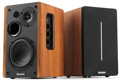 Audizio KS01B – Altavoces de estantería HiFi 120W con Amplificador Incorporado, Bluetooth, entradas ópticas y RCA, DSP, Mando a Distancia, Tocadiscos y Equipos de música, Color Madera