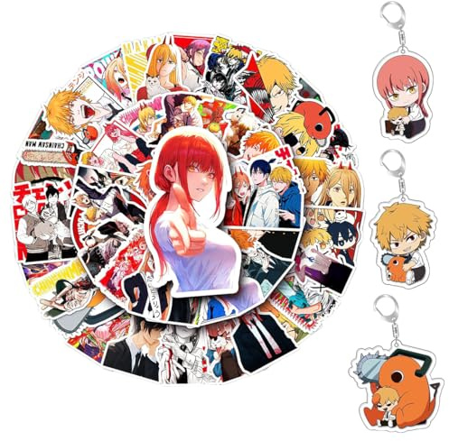 AYACZO 51 Stück chain man Aufkleber Wasserdichte Graffiti Stickers, Anime Art Book Laptop Skateboard Aufkleber Nicht Wiederholt, mit 3 Schlüsselanhängern