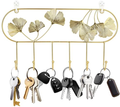 Schlüsselbrett Modern, Gold Ginkgoblatt Schlüsselhakenleiste, Metall Schlüsselhalter, Wandmontage Schlüsselboard mit 6 Haken, Schlüsselaufhänger, Schlüsselaufbewahrung für Küche, Eingang, Flur