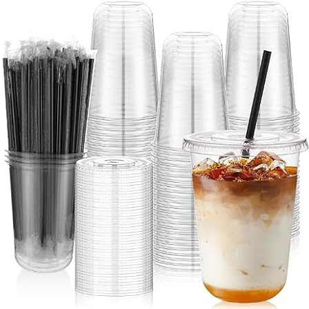 YEXEXINM 50 Pcs 16oz Plastic Smoothie Cups with Flat lids, Reusable Clear Plastic Cups, Strong Takeaway Cups for Iced Coffee, Milkshake, Slush, Smoothy