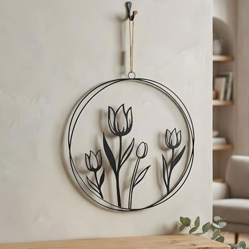 levandeo Wandbild Tulpe 30cm Rund Schwarz Metall Blume Türkranz Türschild Metallschild Wanddeko Industrial Skandi Loft Dekoration