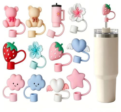 12PCS Cute Silicone Straw Covers for 8-10mm Stanley Tumbler Straws, Dust-Proof Reusable Straw Tips Toppers, Portable Decorative Accessories for Home Office Picnic Travel, Food-Grade