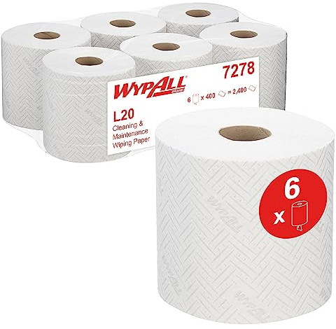 WypAll L20 Papierreinigungstücher für Reinigung und Wartung 7278 – 2-lagige Rollen mit Zentralentnahme – 6 Rollen x 400 Papierreinigungstücher (insges. 2.400)