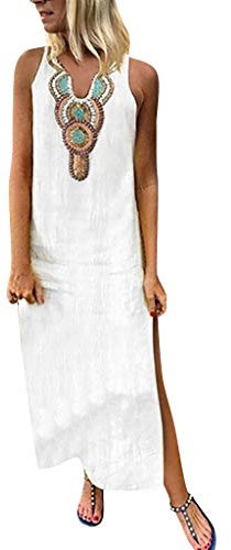 OverDose Soldes Robe Longue Femme Été sans Manches Boho Col V, Robe de Plage en Lin Femmes Vintage Rétro Robes De Soleil Maxi Dress Taille 36-44 (Blanc,44)