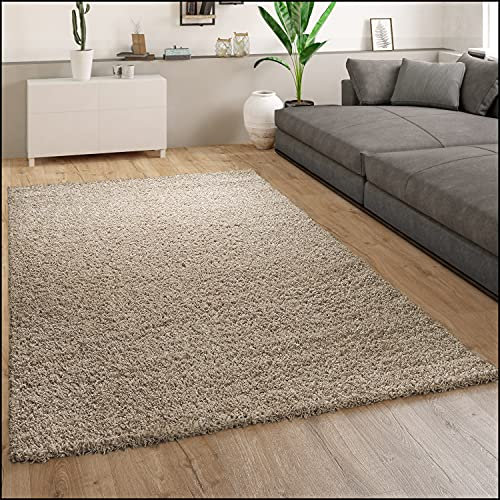 Paco Home Teppich Wohnzimmer, Schlafzimmer/Hochflor Shaggy in versch. Designs Farben und Größen, Grösse:160x220 cm, Farbe:Beige 5