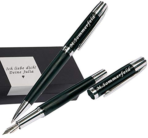 Juwelier Schönschmied - Schreibset Inklusive Geschenk-Etui mit Wunschgravur - Metall-Kugelschreiber (schwarzschreibend) & Metall-Füller Schreibset mit Box mit Gravur