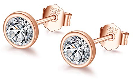 Shuxin Silver Stud Earrings for Women, 925 Sterling Silver Cubic Zirconia Stud Earrings, Hypoallergenic Small Sleeper Cartilage Studs, 6mm Rose Gold Tiny Round Stud Earrings with 5A Cubic Zirconia