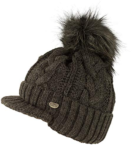 fashionchimp Damen Schildmütze mit Wolle, Felloptik-Bommel, Zopfmuster, Fleece-Innenfutter, Made In EU (Anthrazit)