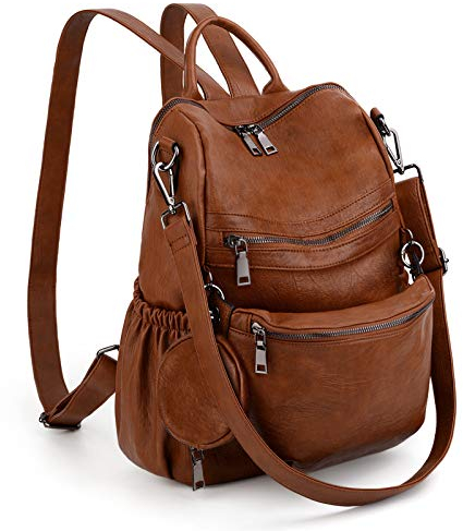 UTO Damen Rucksack Leder PU mit abnehmbarer Bauchtasche Umhängetasche Schule Schulrucksack Rucksackhandtaschen Multifunktionsrucksack Große Kapazität Schultertaschen Reißverschluss Braun