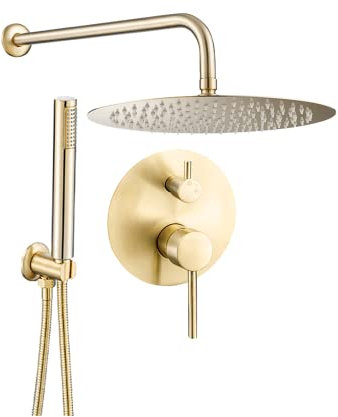 VALAZ Unterputz Duscharmatur Gold Gebürstet PVD-Schutz | Duschsystem mit Regendusche Regeneffekt | 2-Wege-Einhebeldusche, Edelstahl, Kopfbrause 20cm | Schnelle Wandmontage, Elegant, Jucar-serie
