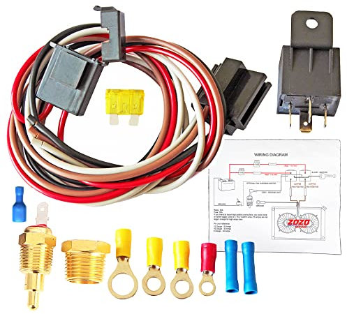 Electric Fan Wiring Kit Electric Fan Relay Kit with Thermostat Radiator Fan Sensor Switch Electric Cooling Fan Thermostat Kit Temperature Sensor Switch 185 On 175 Off, 40 AMP Waterproof Relay Kit