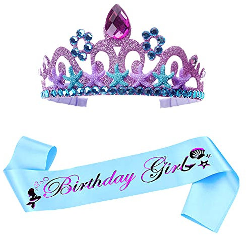 Meerjungfrau Glitter Haarband Schärpe Set für Mädchen Geburtstag,Party Kopfschmuck Haarschmuck Violett für Kinder Mädchen Tiara Dress Up Party Gastgeschenke