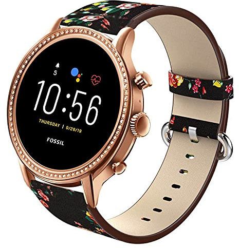 Compatible for Fossil Julianna Bands, Giaogor Slim Genuine Leather Country Style Flower Band Replacement Accessories Strap Compatible for Fossil Gen 5 Julianna Smartwatch (Black+Red Flower)