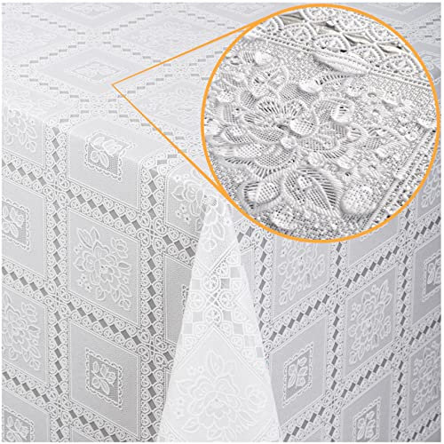 Tischdecke abwaschbar Wachstuch Lace Vinyl Häkel Spitze Optik 500 x 138cm Rosen Weiß Blumen abwischbar