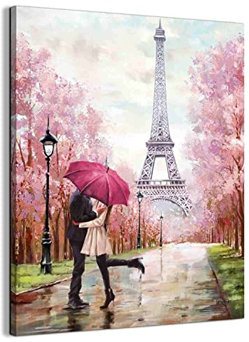 YUEYARIT Wandkunst-Dekor, Motiv: Paare küssen sich in Paris, Eiffelturm, rosa Kirschblüten, Leinwandbild, Kunstwerk zum Aufhängen im Mädchenzimmer, Badezimmer, Esszimmer, Wohnzimmer