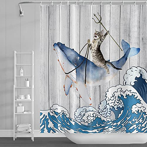SDOTPMT 180x213cm Drôle Chat Baleine Rideau de Douche Ancien Bois Sol Japonais Mer Océan Vague Rideau de Bain Mignonne Dessin animé Rideau de Baignoire Étanche pour Salle de Bain avec Crochets