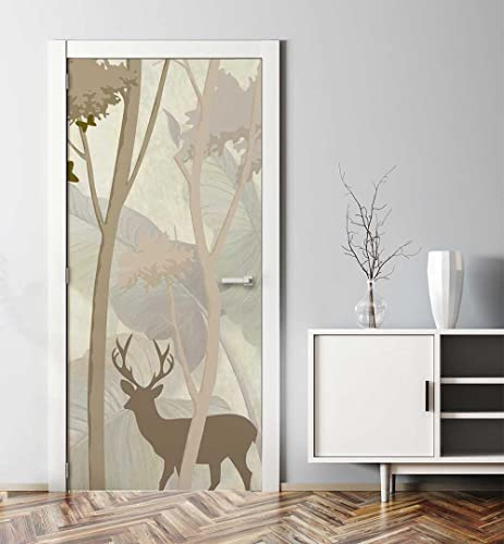 MyMaxxi - Tür bekleben mit Türtapete Türposter Türfolie Selbstklebend 90x200 Boho Stil Hirsche im Wald - Tür verschönern Türaufkleber Türklebefolie Wald REH beige