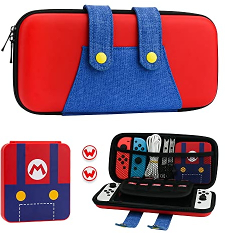FUNDIARY Tragetasche für Nintendo Switch und Switch OLED, harte tragbare Reisetasche für Switch und Switch OLED, Case Zubehör Bundle mit Spielkoffer und 2 Daumenkappen - für Super Mario