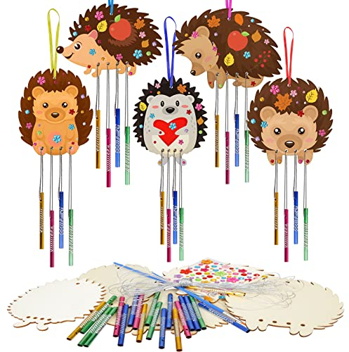 WEDNOK 5tlg Igel Windspiel Bastelset Kinder Herbst Basteln Holz Herbstdeko Bastelhandwerk Kreativsets Igel Klangspiele zum Basteln für Erntedankfest Herbst Mädchen Junge