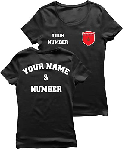 T-Shirt Femme Personnalisé Maillot de Foot | Haut de Sport Femme avec Votre Nom et Numéro | Maroc Football 2026 (M Noir Multicolore)