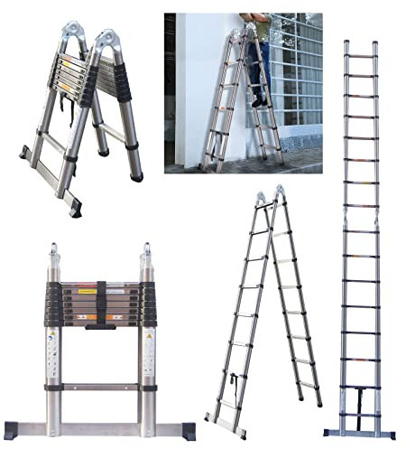 5M Telescopic Ladders with Stabiliser A Frame Extendable Ladder Stainless Steel Multi-Purpose Loft Ladder, 2.5M+2.5M, 150kg Capacity