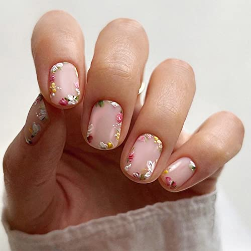 24pcs Short Oval False Nails Floral Stick on Nails Nude Pink Press on Nails Removable Glue-on Nails Fake Nails Nail Art Accessories