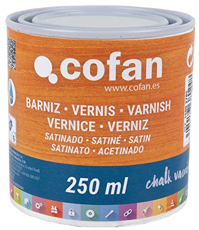 Cofan Barniz al agua | Acabado satinado | Chalk varnish | Protección de todo tipo de maderas | Capacidad: 250 ml