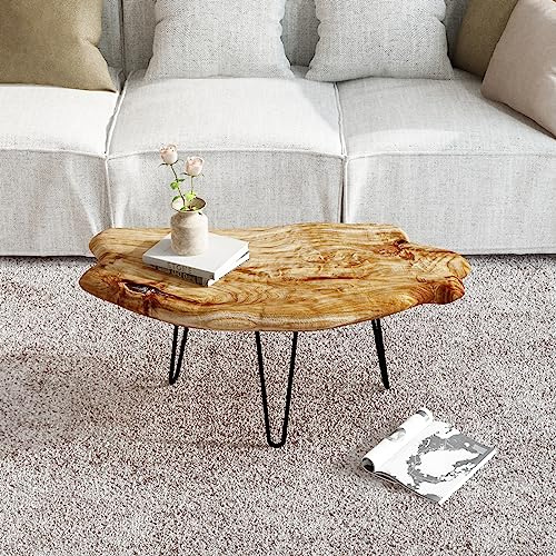 WELLAND Live Edge Couchtisch aus Zedernholz, Metall, Haarnadelbeine, 82,5 cm B x 43,2 cm T x 40,6 cm H für Wohnzimmer, Terrasse, Schlafzimmer, Home Office