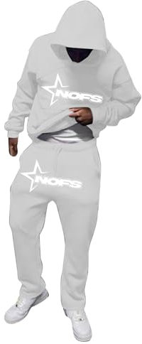 NOFS Jogginghose und Trainingsanzüge | Buchstaben Druck Lose Hoodies und Jogginghosen Y2K für Herren | Hip Hop Streetwear Tracksuit Männer Pullover Lässig Oberteile und Sporthosen Grau L