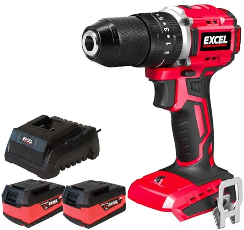Excel 18V Cordless Brushless Combi Drill with 2 x 5.0Ah Battery & Charger - Variable Speed, Keyless Chuck, 2-Speed Setting, Brushless Motor, Power Tools Combo Kits