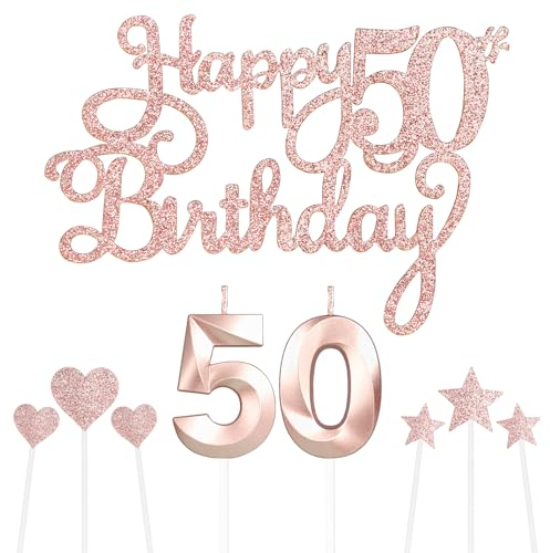 Personalised Rose Gold Happy 50th Birthday Cake Topper with Number 50 Birthday Candles and Star Cupcake Toppers - Cake Decorations Set for Him/Her - 9 Piece