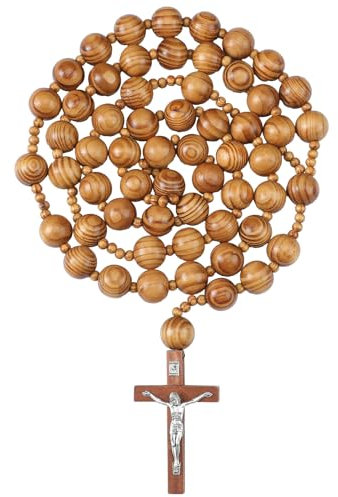 Quelay 106,7 cm katholischer Heiliger Rosenkranz mit Perlen, handgefertigt, Naturholzkette, Jesuskreuz, XL, große Wand, christlicher Rosenkranz