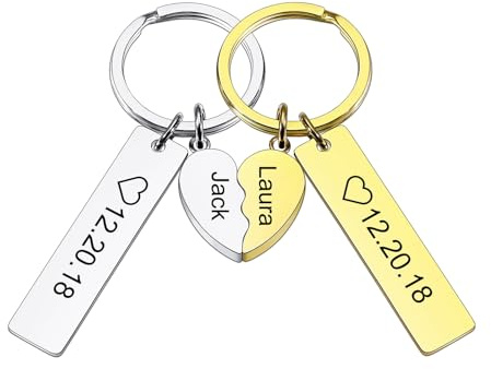 INBLUE Personnalisé Acier Inoxydable Couple Porte-clés Ensemble pour Femme Gravé Nom Date Cœur Puzzle Porte-clés Photo Ronde Étiquette Couper Porte-clés avec Nom Cadeau Significatif pour Couple