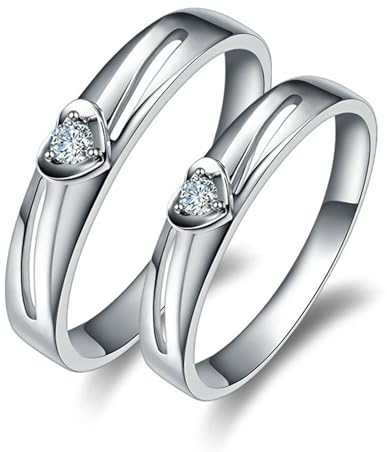 Ringe Damen Vintage, Couple Rings Silver 18 Karat Weißgold Au750 Herz 2 Lab Diamant 0.07Ct Ij Rundschliff Vvs mit Damen 54 (17.2) + Herren 56 (17.8)