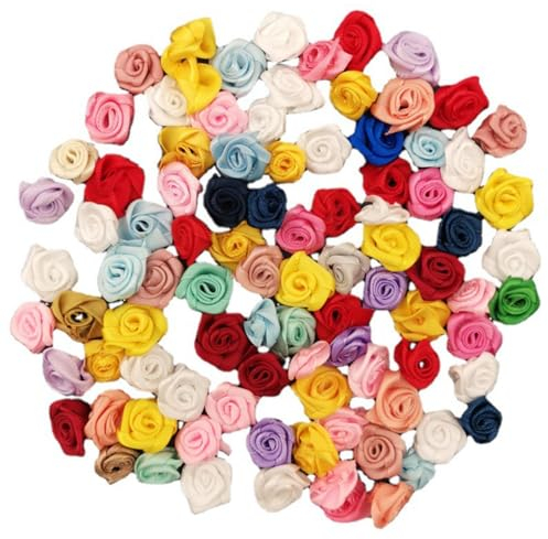 Wisafory Lot de 50 mini nœuds de roses en satin - Fleurs en tissu à coudre - Têtes de roses artificielles multicolores - Décoration pour bricolage, bricolage, vêtements, décoration