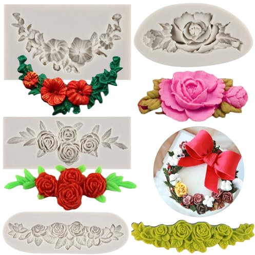 MYPRACS Rose Flower Silicone Moulds Rose Wreath Fondant Moulds Flower Garland Mould for Flower Cake Decorating Cupcake Topper Candy Chocolate Gum Paste Polymer Clay Set of 4