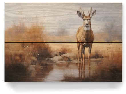 artboxONE Holzbild 30x20 cm Natur Niedliches REH auf einem Fluss von Künstler Peter_wey