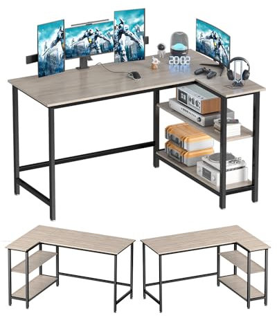 WOODYNLUX L-förmiger Computertisch – Home-Office-Schreibtisch mit Ablage, Gaming-Schreibtisch, Ecktisch für Arbeit, Schreiben und Studium, platzsparend, 109 cm, Grau