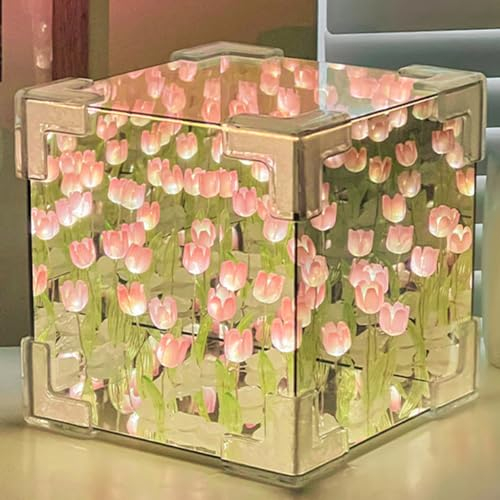 Starnearby DIY Tulpe Nachtlicht, Mirror Tulpen Lampe, LED Blumen Lampe Handgefertigte Tulpen Licht, Aesthetic Room Decor Geschenk für Mama, Frauen, Freundin, Mädchen (Rosa)