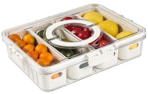 Vassoio da portata diviso con coperchio e manico, 4 scomparti, contenitore per spuntini, salumi, piatti portatili per frutta, verdura, intrattenimento, feste, picnic