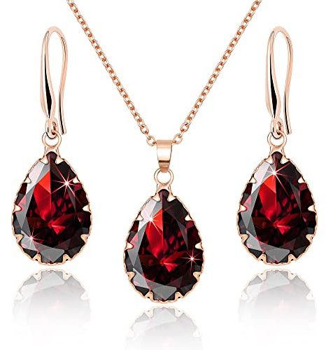 Linawe Ruby Crystal Jewellery Sets, Red Earring Necklace Rose Gold, Imitation Diamond Pendant Necklace, Rhinestone Dangle Earrings, Boho Wedding Rhinestone Cubic Zirconia Teardrop