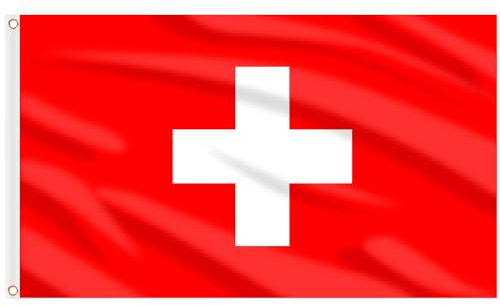 AhfuLife Bandera de Suiza 90cm x 150 cm, 1 Pieza Bandera Suiza Grande Con Ojales De Latón, Banderas Suizo en Poliéster para Desfiles al Aire Libre, Fiestas, Decoraciones de Jardín