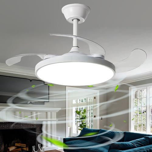Caufloce Unsichtbare Ventilator Lampe, Einziehbare Flügel Deckenventilator Mit Beleuchtung Dimmbar Modern, Reversibel Fan with Lightt Groß Timer Schlafzimmer Wohnzimmer Kinderzimmer-white||95cm