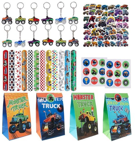 86 Stück Monstertruck kindergeburtstag Party Mitgebsel,Truck Party Geschenke,Racing Car Party Mitgebsel,Inklusive Truck Geschenktüten Armband Schlüsselanhänger Aufkleber für truck Deko Geburtstag