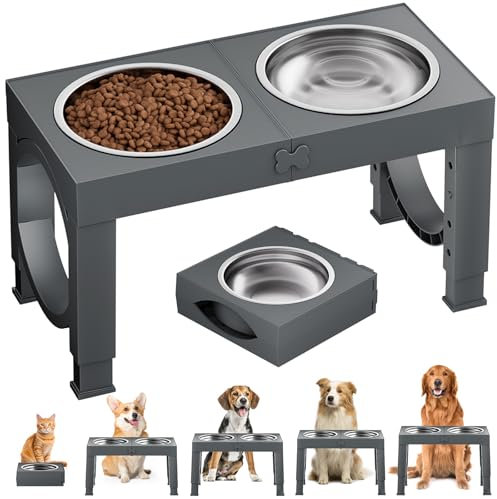 X XBEN Gamelle Chien Surélevées de 5 Hauteurs Ajustables, Gamelle pour Chien avec 2 Bols en Acier Inoxydable de 1,5L, Pliable, Antidérapant, Convient aux Petits, Moyens et Grands Chiens