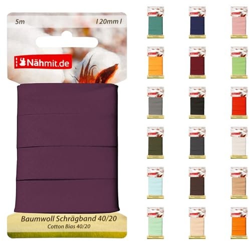 Nähmit 5m Karte Baumwoll Schrägband, 100% Baumwolle 20mm Breit - 40/20 vorgebügeltes Schrägband (A11-Lila, 5m Karte)