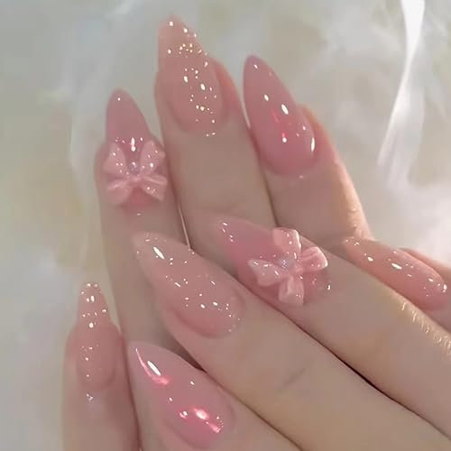24 Pièces Rose Français Faux Ongles Moyen Press on Nails avec Noeud Papillon, Acrylique Ongles à Coller avec Autocollants Adhesif Artificiels Bâton sur Les Ongles pour Femmes Filles