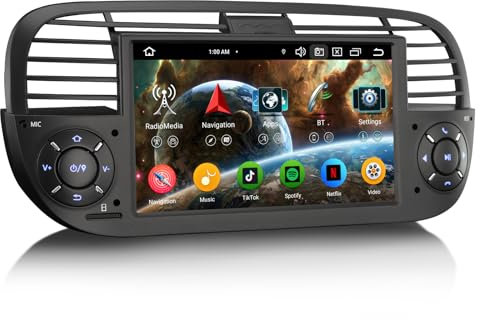 Erisin 8-Core Android 14 4GB+64GB Autoradio per Fiat 500/500C/500S/500E 7 pollici IPS Schermo tattile Supporto GPS Navigatore Senza fili CarPlay Android Auto WiFi 4G DAB+DSP Bluetooth 5.0 OBD2 Canbus