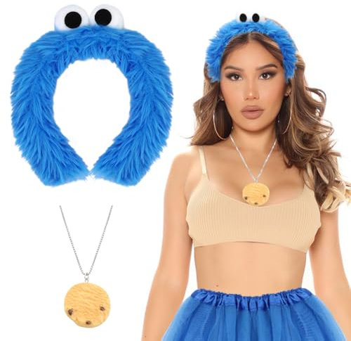 Capaneus Krümelmonster Haarreif, Cookie Krümelmonster Haarreif mit Augen, Cookie Halskette, Krümelmonster Accessoires für Damen Karneval, Fasching Halloween Kostüm